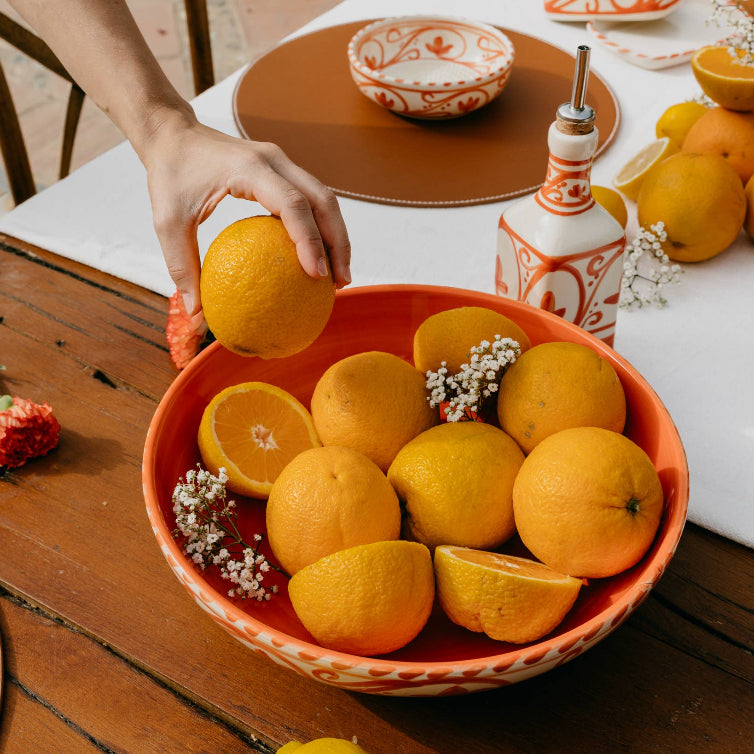 Large Ceramic Bowl - Salad Bowl - Orange & Beige - Azahara