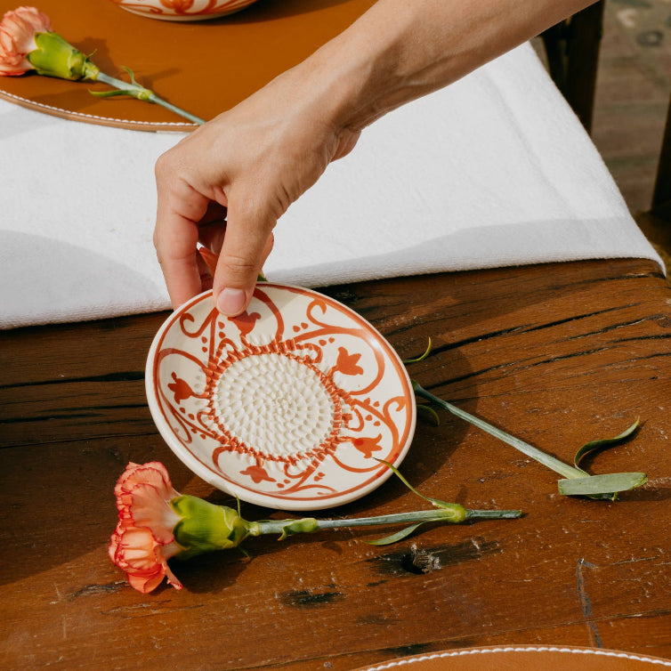 Ceramic Garlic Grater Plate - Small Orange & Beige - Azahara