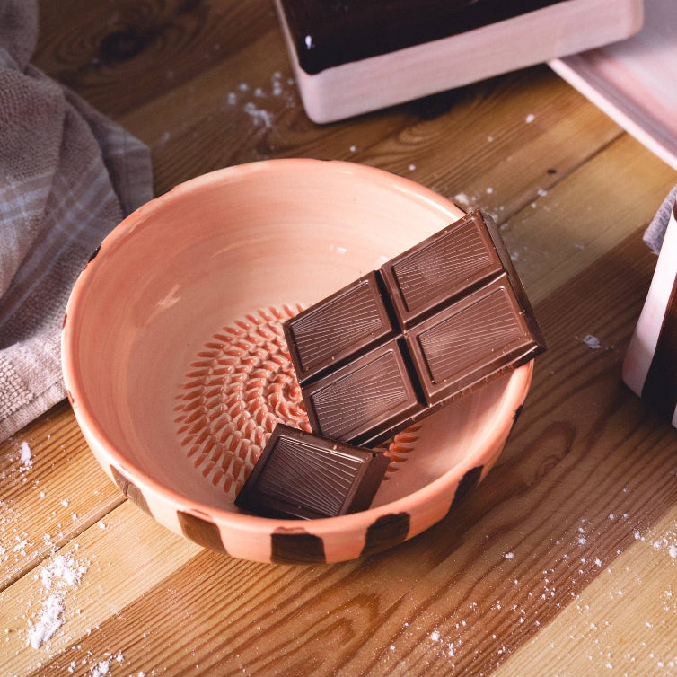 Medium Vintage Pottery Grater Bowl Pink and Brown -Chocolate