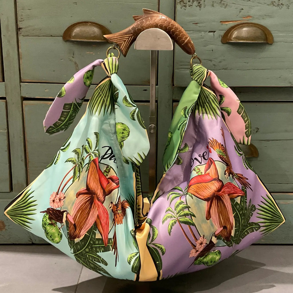 Italian Print Scarf Bag with hans-carved wooden handle - SMALL