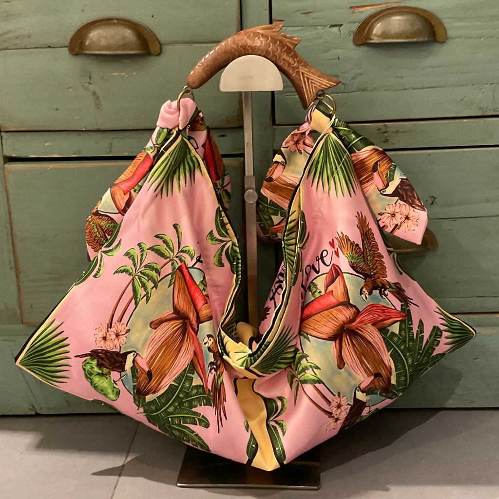 Italian Print Scarf Bag with hans-carved wooden handle - SMALL