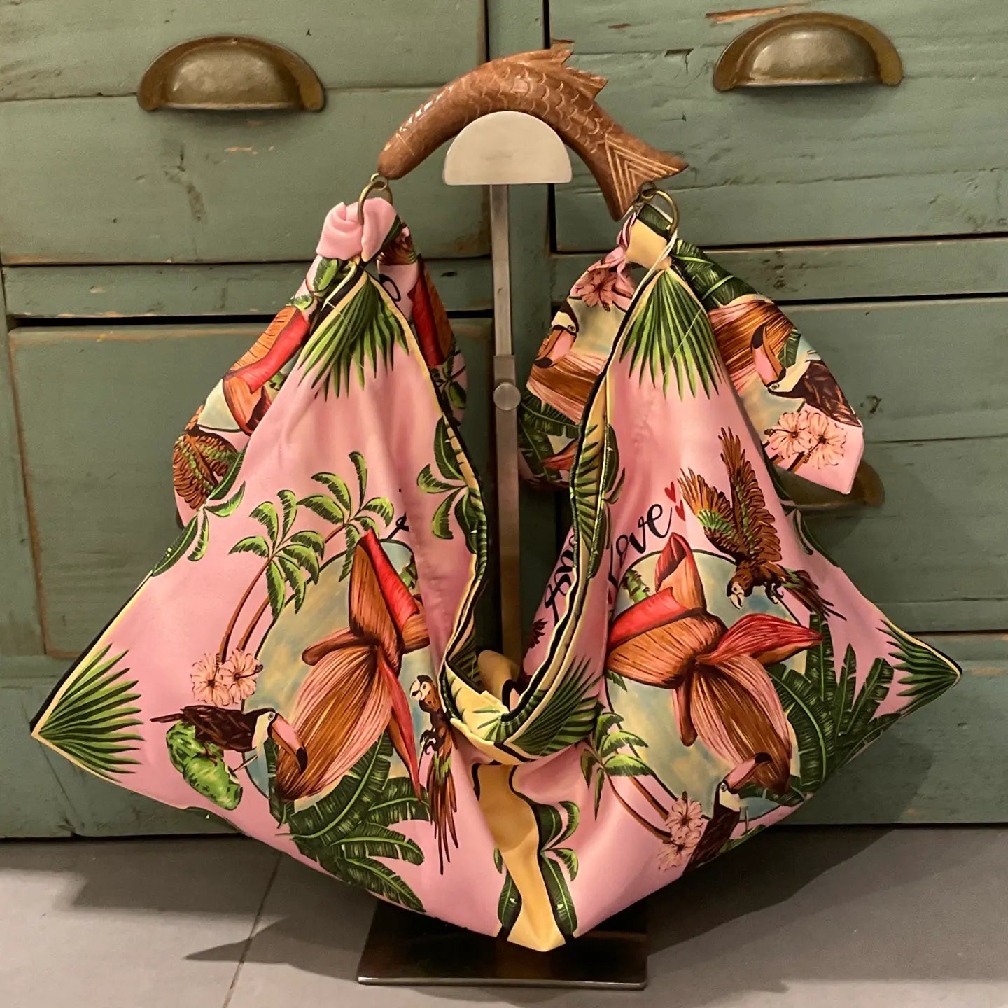 Italian Print Scarf Bag with hans-carved wooden handle - SMALL