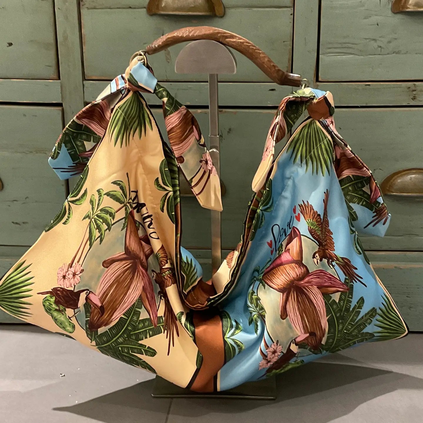 Italian Print Scarf Bag with hans-carved wooden handle - SMALL