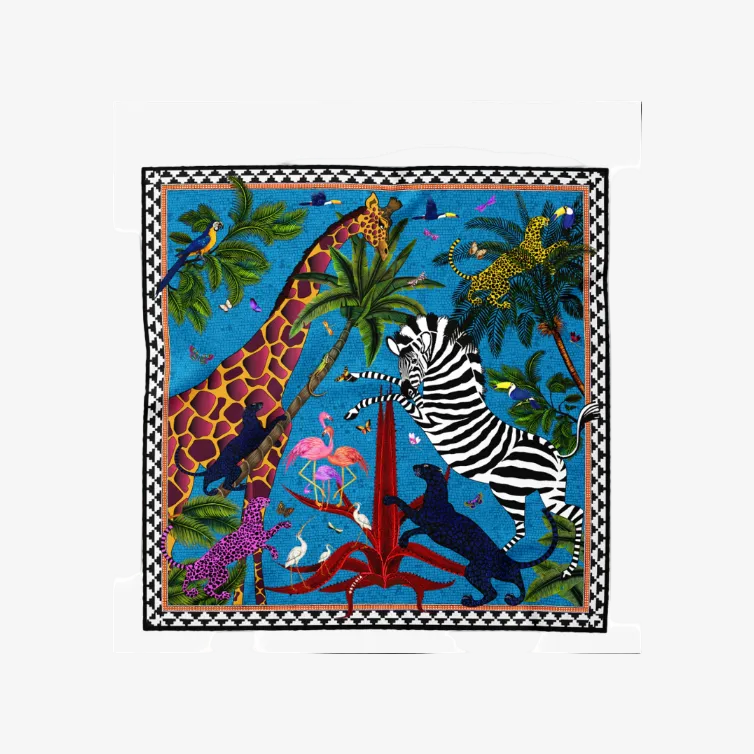 “Jungle” Silk Square Scarf, blue