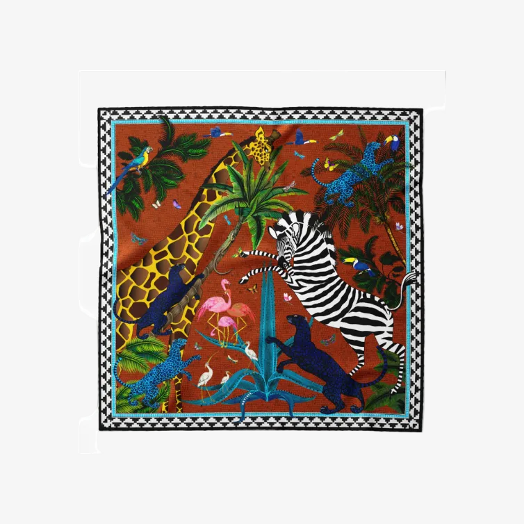 “Jungle” Silk Square Scarf, terracotta,