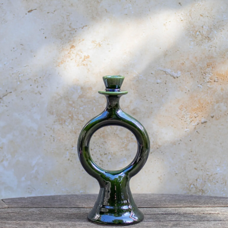 Handmade Tamegroute Green Pottery Candlestick: 25cm or 30cm