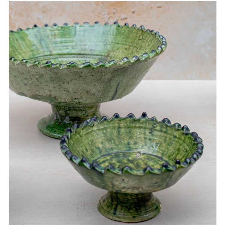 Tamegroute Green Glazed Jagged Edge Pedestal Fruit Bowl 15cm or 25cm