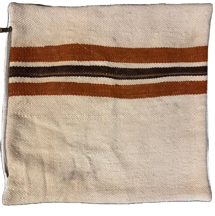Moroccan hand-woven cushion cover 50x50cm, off-white with brown and burnt orange stripes
