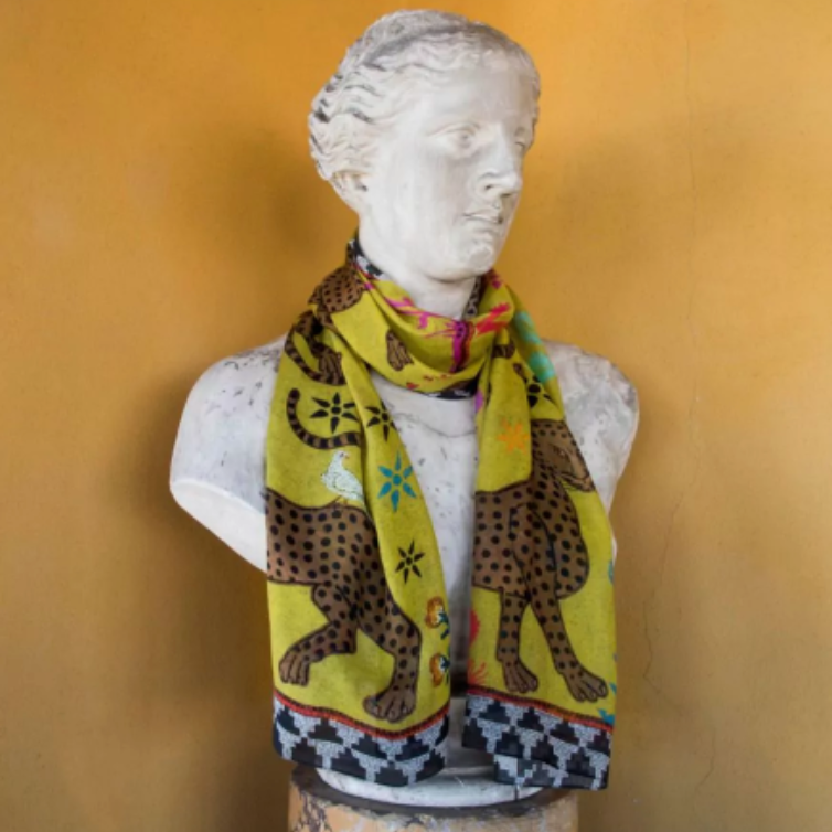 Ortigia Sicilia Ocelot Sciarpa Misto Cashmere Yellow 200x70cm