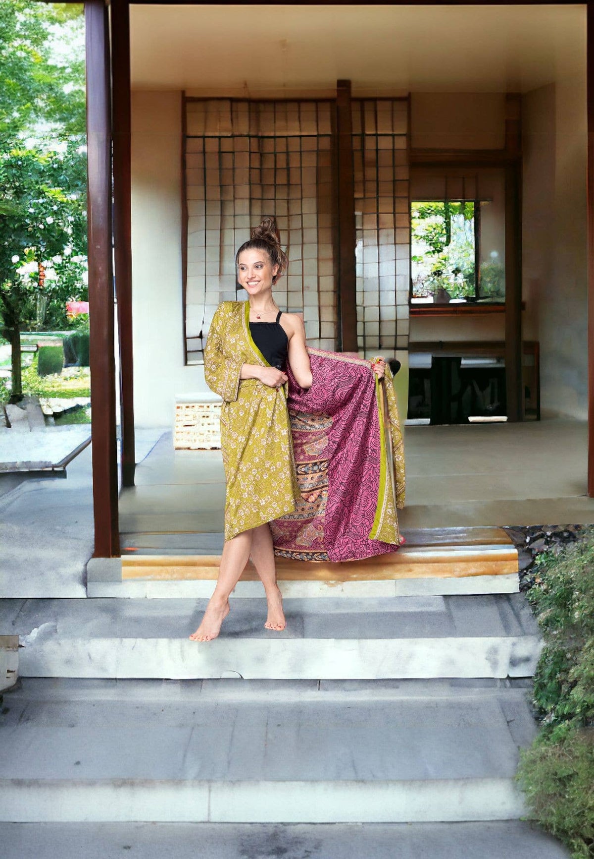 Reversible long kimonos. Recycled silk kimono.