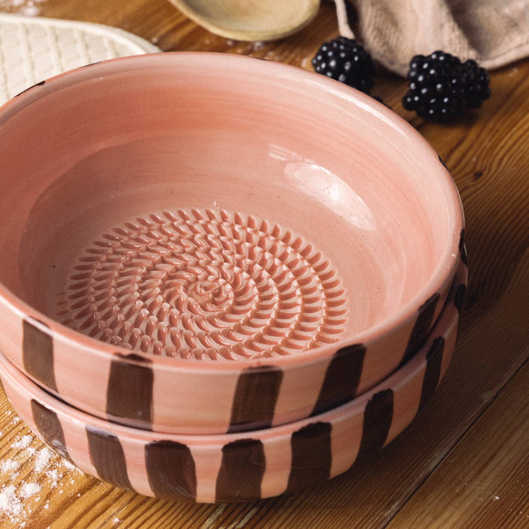 Medium Vintage Pottery Grater Bowl Pink and Brown -Chocolate