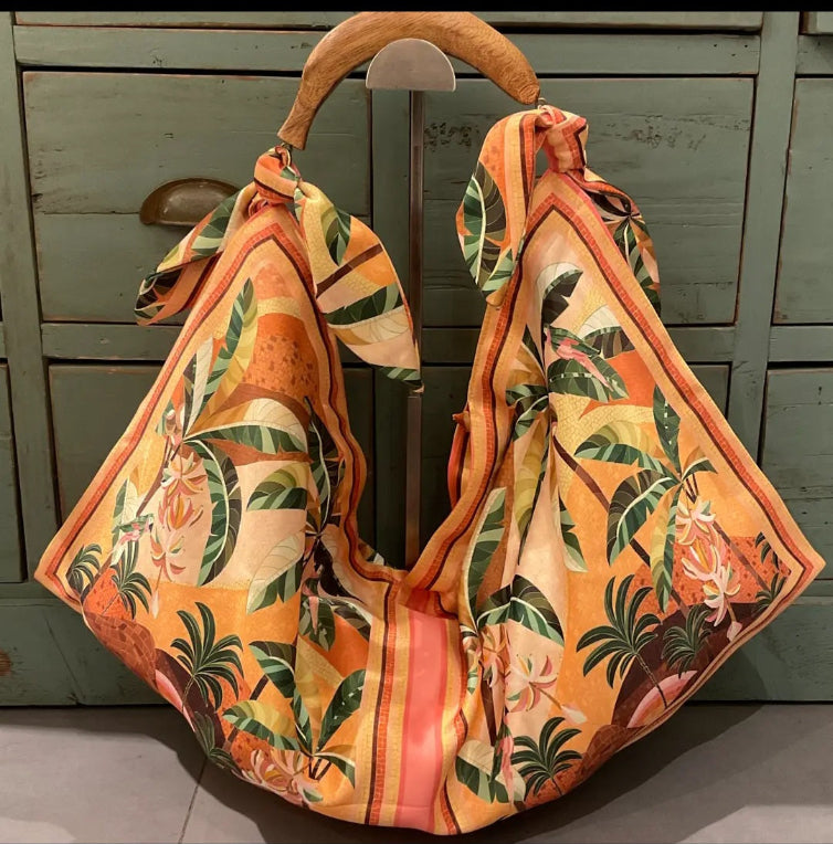 Italian Print Scarf Bag with hand-carved wooden handle - LARGE