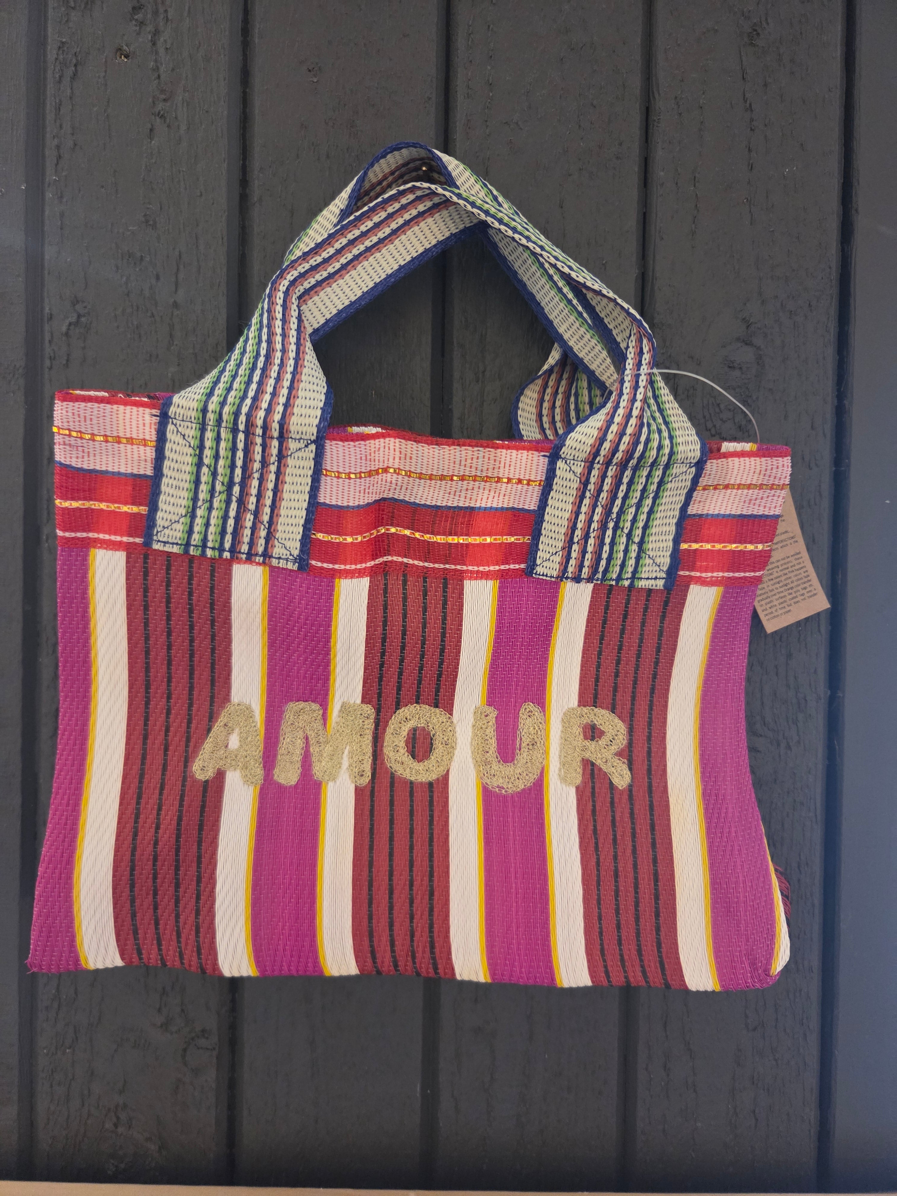Colorful retro-inspired mesh bag "Written Vibes" - "Amour", "Happy", "Smile"