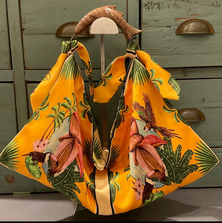 Italian Print Scarf Bag with hand-carved wooden handle - LARGE