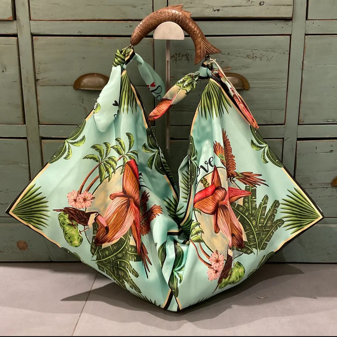 Italian Print Scarf Bag with hand-carved wooden handle - LARGE