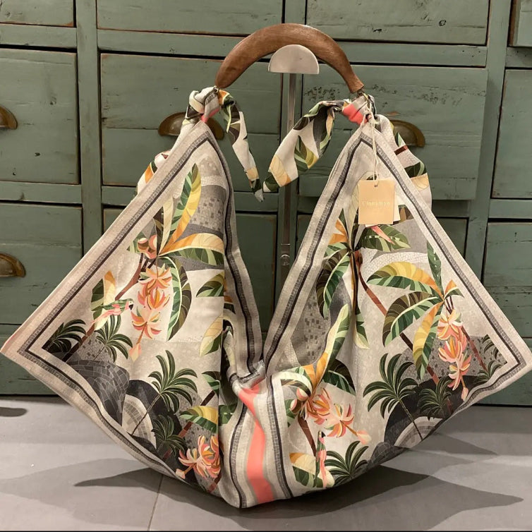 Italian Print Scarf Bag with hand-carved wooden handle - LARGE