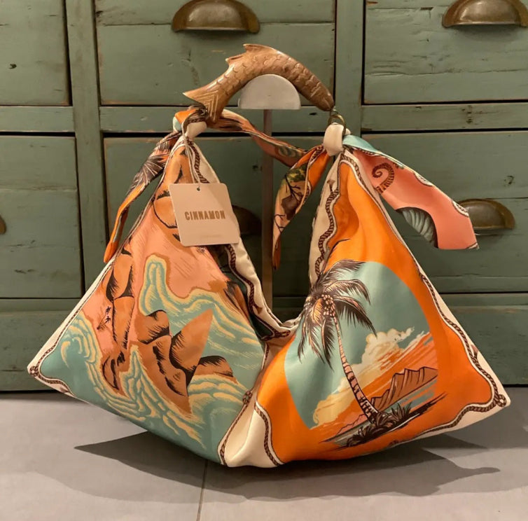 Italian Print Scarf Bag with hans-carved wooden handle - SMALL