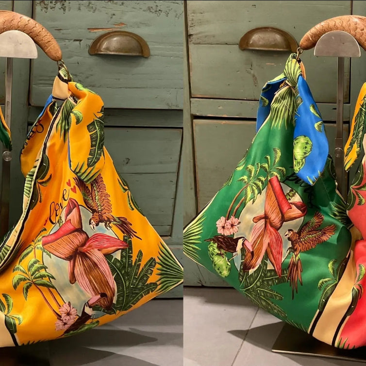 Italian Print Scarf Bag with hans-carved wooden handle - SMALL