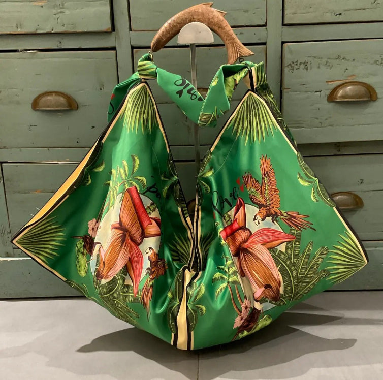Italian Print Scarf Bag with hand-carved wooden handle - LARGE